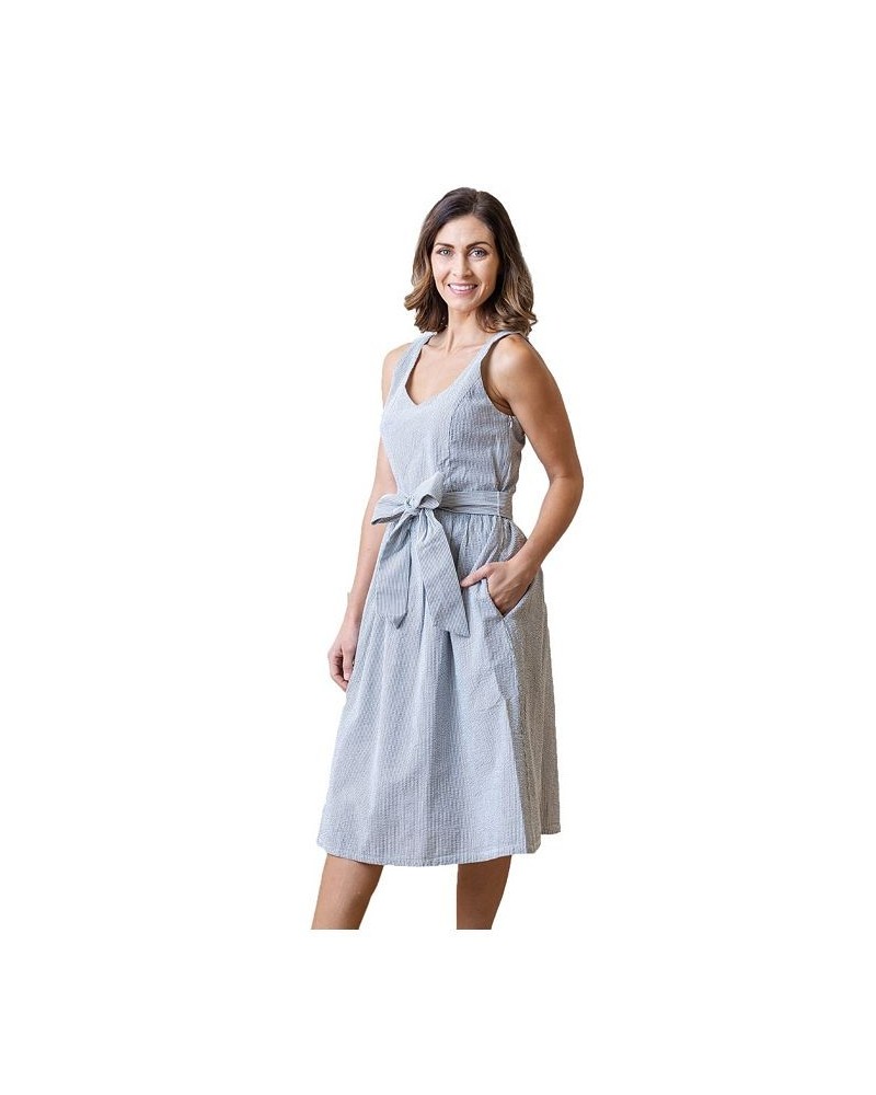 Womens' A-Line Dress with Sash Navy and White Seersucker $30.57 Dresses