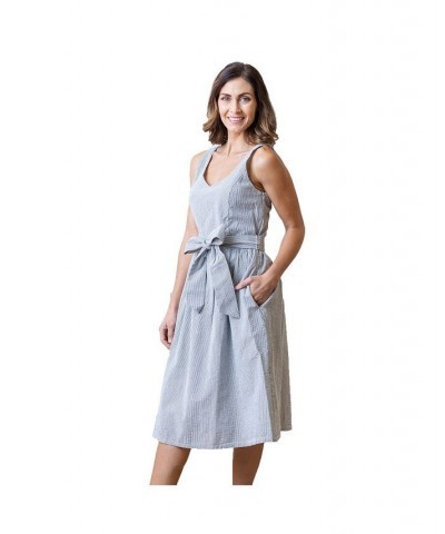 Womens' A-Line Dress with Sash Navy and White Seersucker $30.57 Dresses