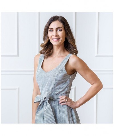 Womens' A-Line Dress with Sash Navy and White Seersucker $30.57 Dresses