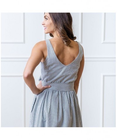 Womens' A-Line Dress with Sash Navy and White Seersucker $30.57 Dresses