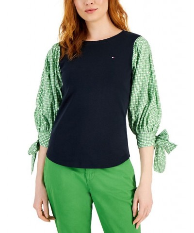 Women's Mixed-Print Tie-Sleeve Woven Top Blue $27.92 Tops