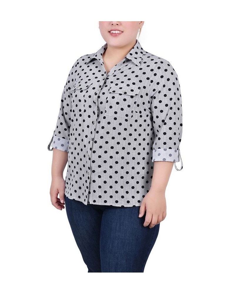 Plus Size 3/4 Sleeve Roll Tab Notch Collar Blouse Black White Abstract $16.64 Tops