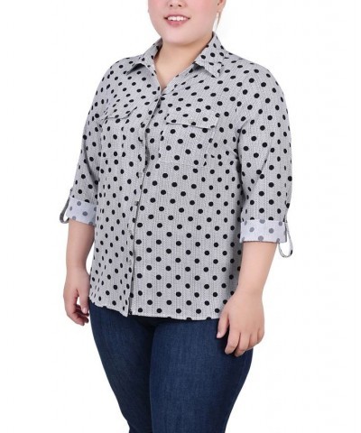 Plus Size 3/4 Sleeve Roll Tab Notch Collar Blouse Black White Abstract $16.64 Tops