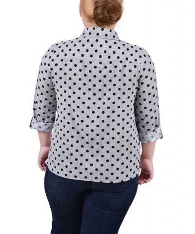 Plus Size 3/4 Sleeve Roll Tab Notch Collar Blouse Black White Abstract $16.64 Tops