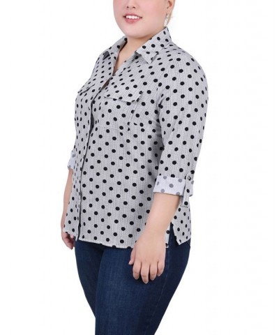 Plus Size 3/4 Sleeve Roll Tab Notch Collar Blouse Black White Abstract $16.64 Tops