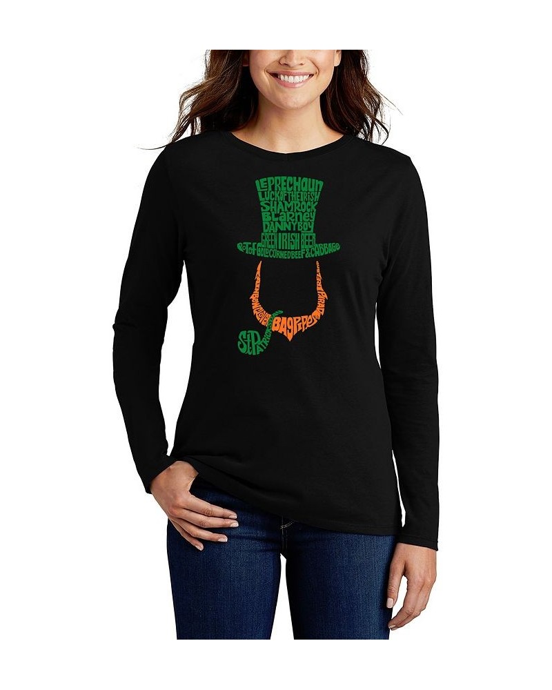 Women's Leprechaun Word Art Long Sleeve T-shirt Black $15.17 Tops