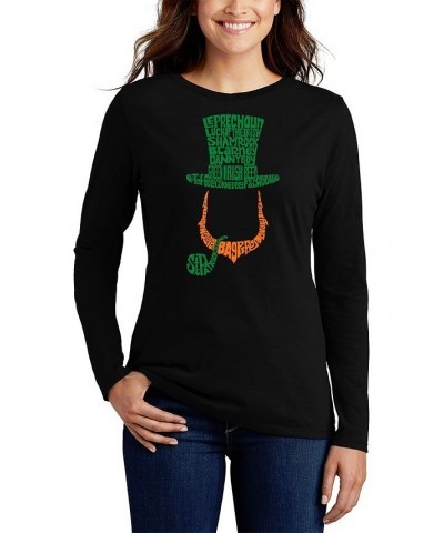 Women's Leprechaun Word Art Long Sleeve T-shirt Black $15.17 Tops