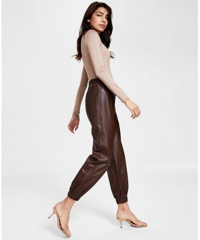 Juniors' Faux-Leather Jogger Pants Brown $16.20 Pants