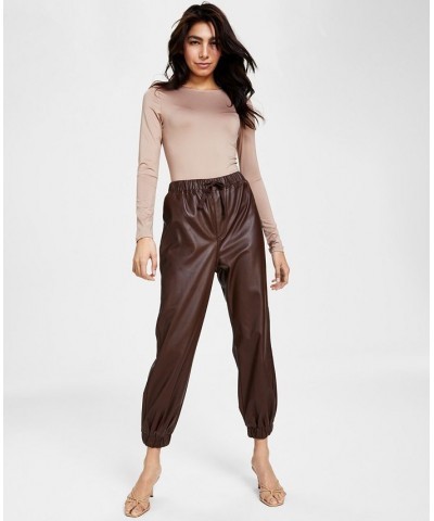 Juniors' Faux-Leather Jogger Pants Brown $16.20 Pants