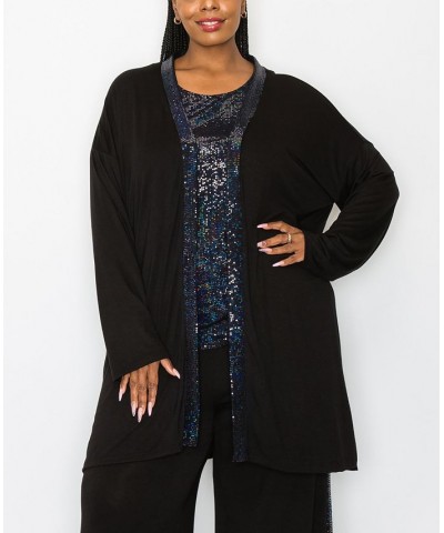 Plus Size Sequin Contrast Cardigan Sweater Black Black $27.50 Sweaters