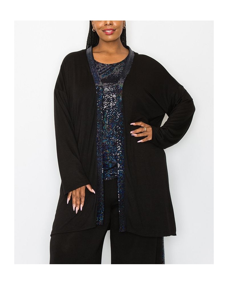 Plus Size Sequin Contrast Cardigan Sweater Black Black $27.50 Sweaters