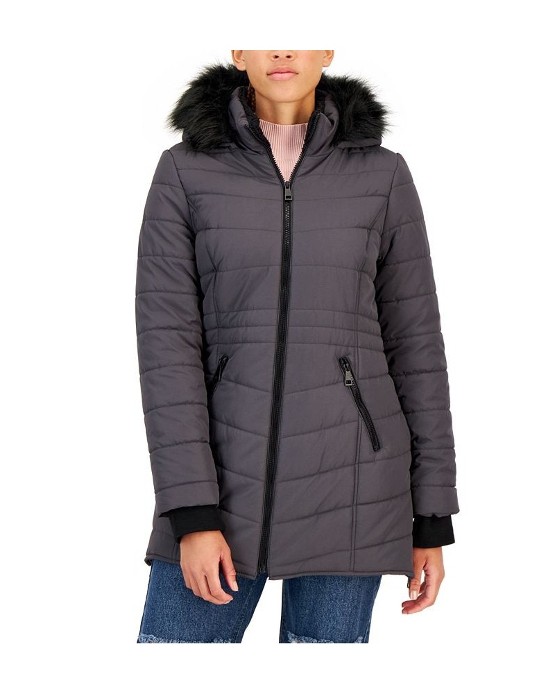 Juniors' Cozy-Collar Faux-Fur-Hood Puffer Coat Concrete $22.00 Coats