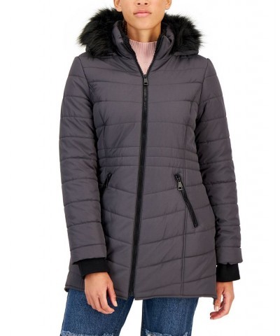 Juniors' Cozy-Collar Faux-Fur-Hood Puffer Coat Concrete $22.00 Coats