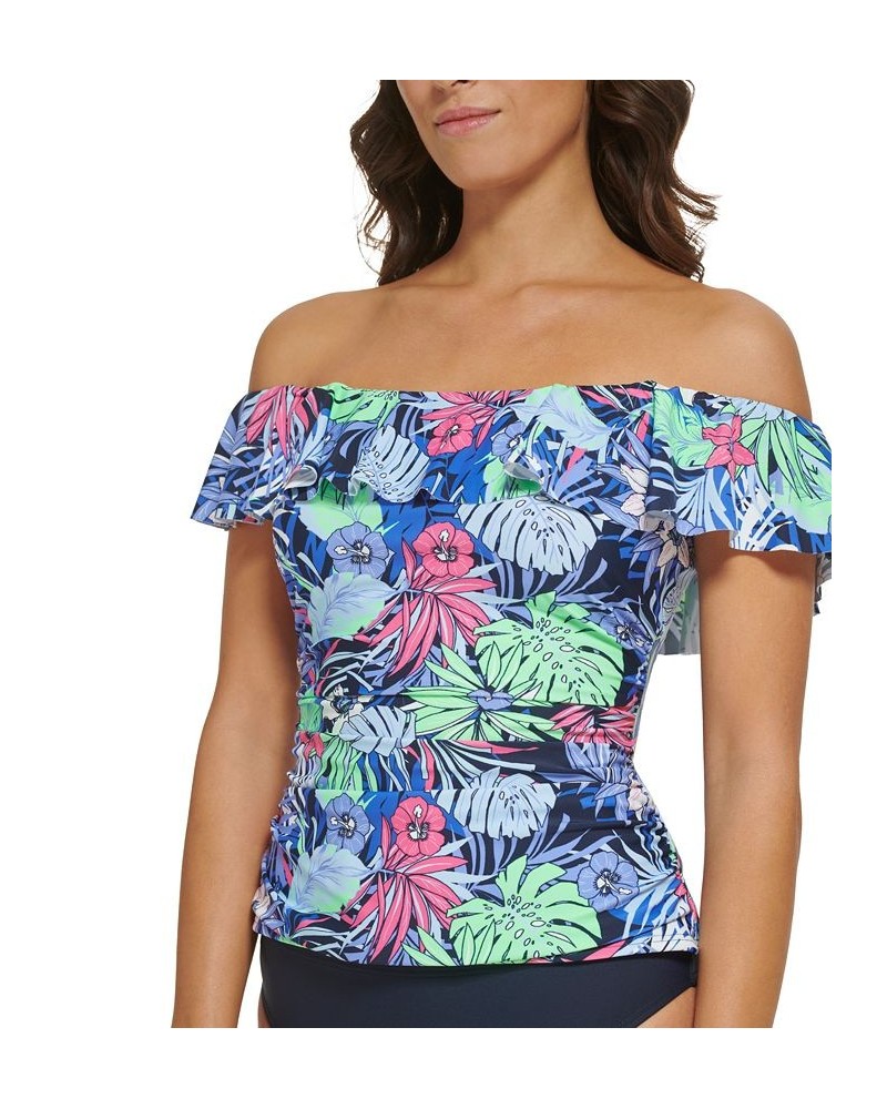 Women's Printed Ruffled Off-The-Shoulder Tankini Top Neo Mint Aloha Floral $44.10 Swimsuits