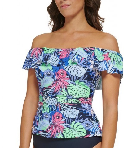 Women's Printed Ruffled Off-The-Shoulder Tankini Top Neo Mint Aloha Floral $44.10 Swimsuits