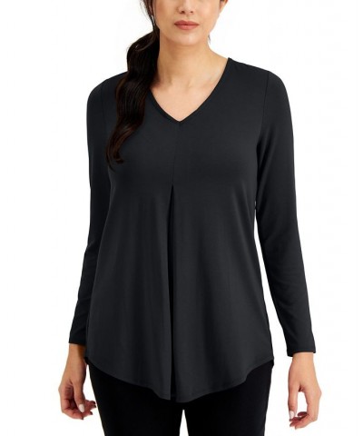 Petite V-Neck Pleat-Front Tunic Black $12.64 Tops