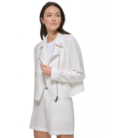 Women's Crinkled Asymmetric Front-Zip Moto Jacket White $79.50 Jackets