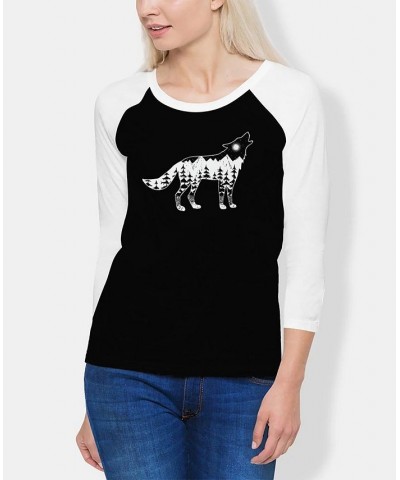 Women's Raglan Howling Wolf Word Art T-shirt Black, White $18.92 Tops