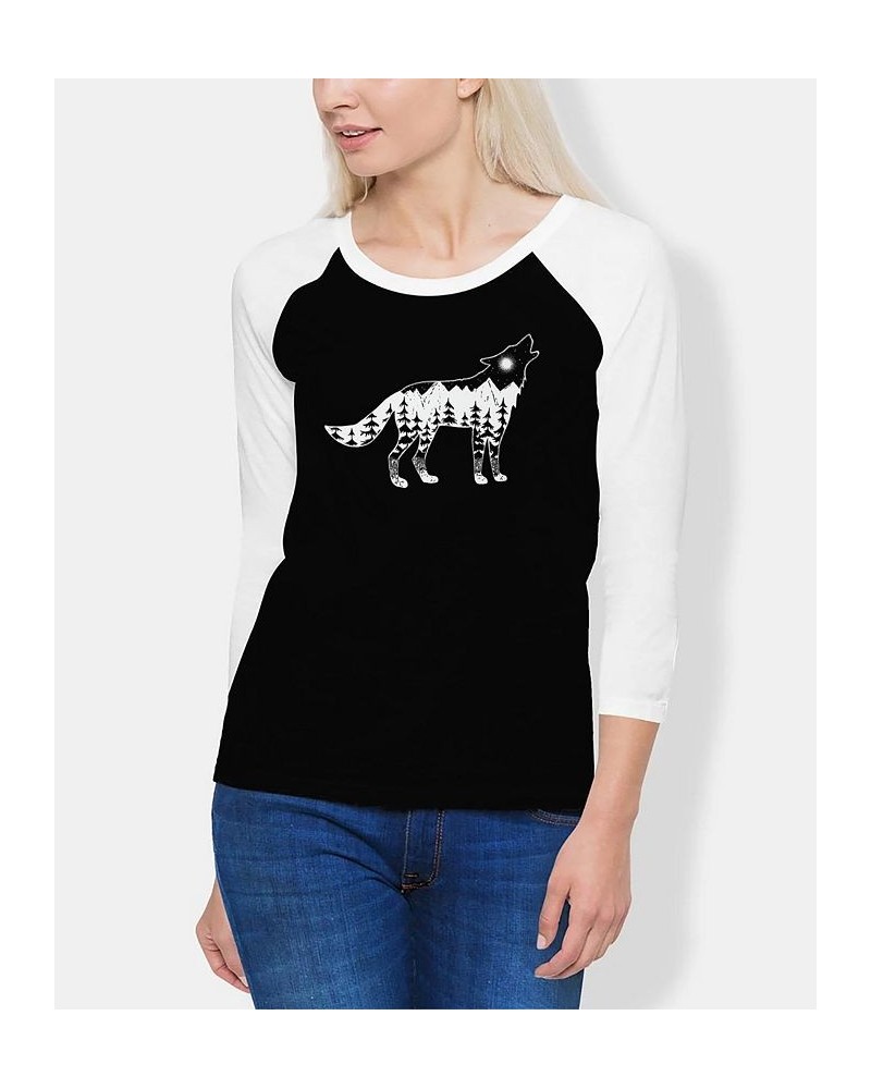 Women's Raglan Howling Wolf Word Art T-shirt Black, White $18.92 Tops