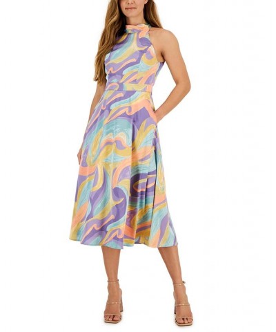 Matte Charmeuse Printed Tie-Neck Midi Dress Pastel Marble $29.60 Dresses