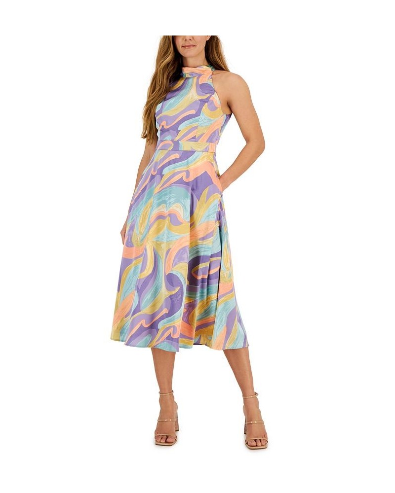 Matte Charmeuse Printed Tie-Neck Midi Dress Pastel Marble $29.60 Dresses