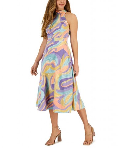 Matte Charmeuse Printed Tie-Neck Midi Dress Pastel Marble $29.60 Dresses