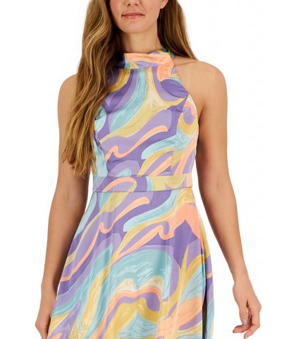 Matte Charmeuse Printed Tie-Neck Midi Dress Pastel Marble $29.60 Dresses