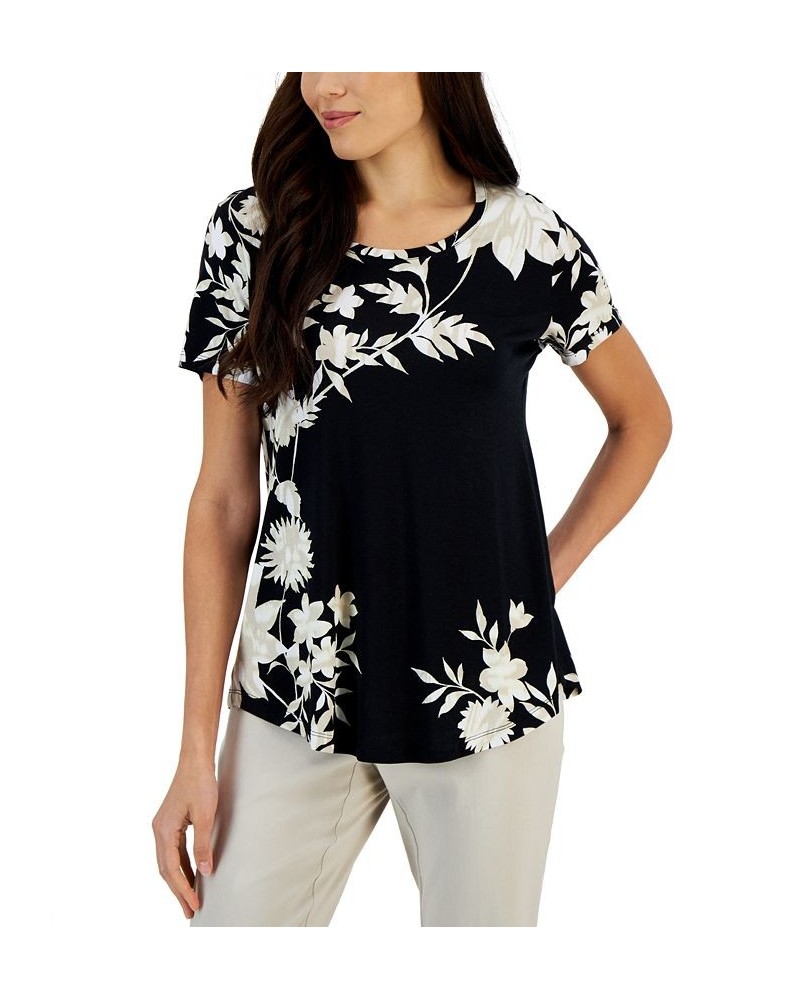 Women's Masked Floral Printed Relaxed Top Black $9.81 Tops