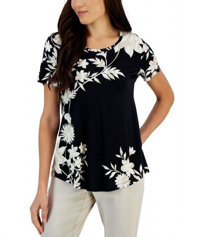 Women's Masked Floral Printed Relaxed Top Black $9.81 Tops