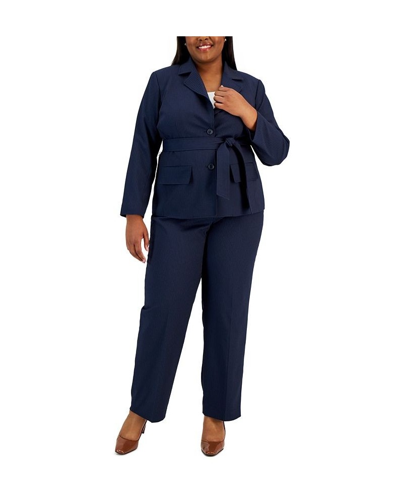 Plus Size Belted Pinstripe Blazer & Pants Blue $64.00 Suits