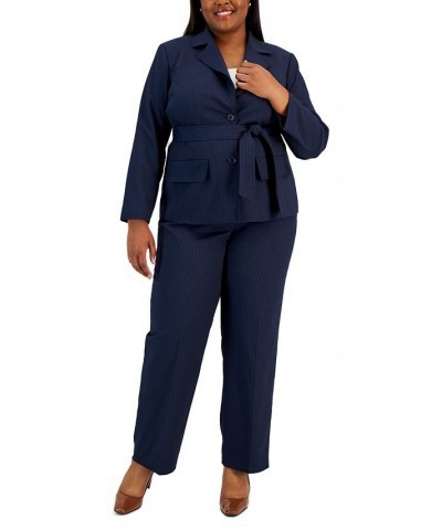 Plus Size Belted Pinstripe Blazer & Pants Blue $64.00 Suits