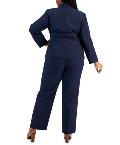 Plus Size Belted Pinstripe Blazer & Pants Blue $64.00 Suits