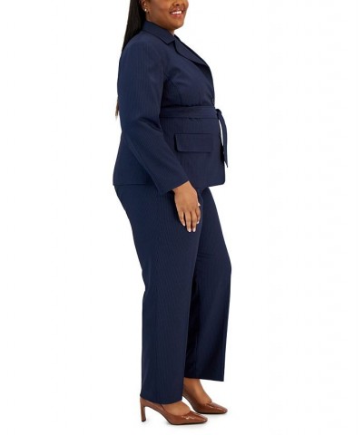 Plus Size Belted Pinstripe Blazer & Pants Blue $64.00 Suits