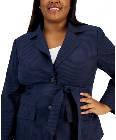 Plus Size Belted Pinstripe Blazer & Pants Blue $64.00 Suits