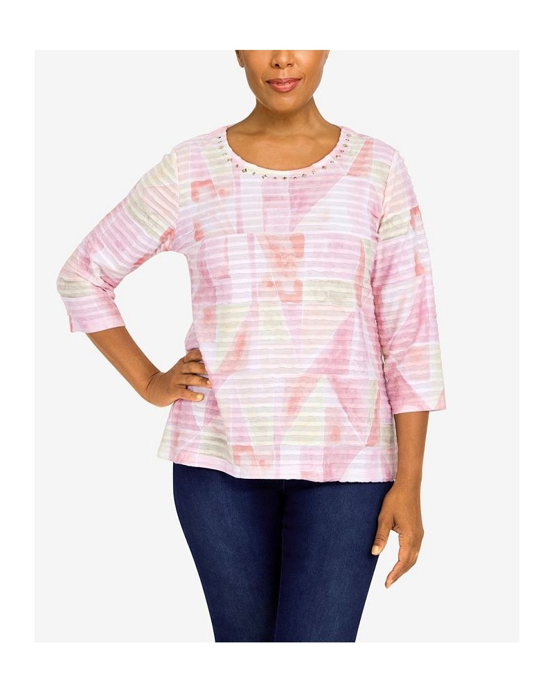 Women's Classics Patchwork Ruffle Knit 3/4 Sleeve Top Tea Rose $28.38 Tops