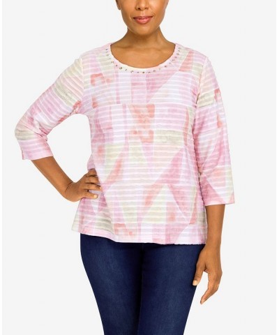 Women's Classics Patchwork Ruffle Knit 3/4 Sleeve Top Tea Rose $28.38 Tops