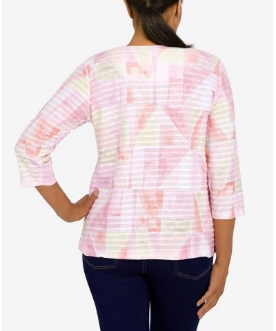 Women's Classics Patchwork Ruffle Knit 3/4 Sleeve Top Tea Rose $28.38 Tops