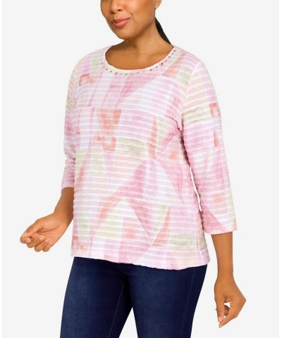 Women's Classics Patchwork Ruffle Knit 3/4 Sleeve Top Tea Rose $28.38 Tops