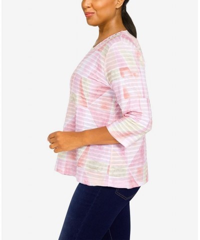 Women's Classics Patchwork Ruffle Knit 3/4 Sleeve Top Tea Rose $28.38 Tops