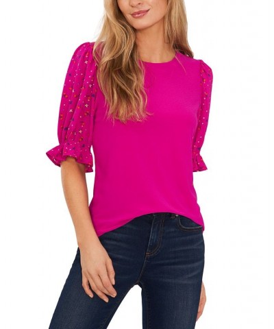 Women's Mixed Media Puff Sleeve Top Pink $26.79 Tops