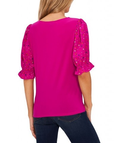 Women's Mixed Media Puff Sleeve Top Pink $26.79 Tops