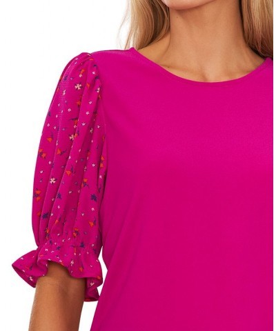 Women's Mixed Media Puff Sleeve Top Pink $26.79 Tops