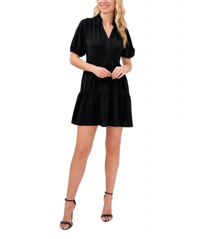 Women's Short Sleeve Tiered V-Neck Baby Doll Dress Rich Black $28.53 Dresses