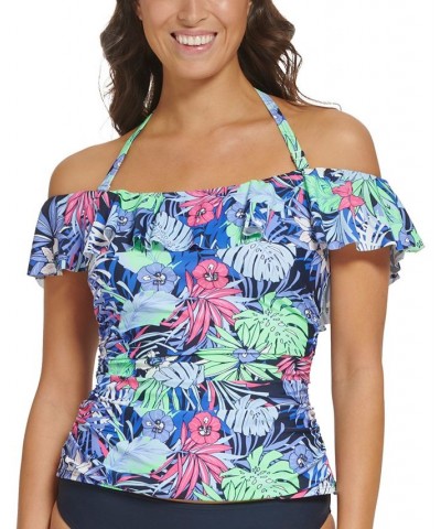 Women's Printed Ruffled Off-The-Shoulder Tankini Top Neo Mint Aloha Floral $44.10 Swimsuits