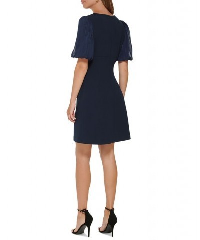 Women's Puff-Sleeve Pleated Mixed-Media Dress Navy $40.03 Dresses