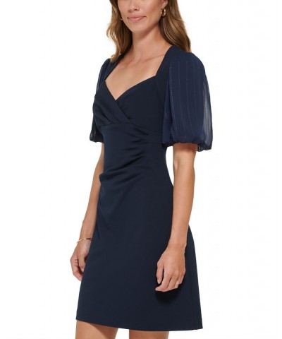 Women's Puff-Sleeve Pleated Mixed-Media Dress Navy $40.03 Dresses