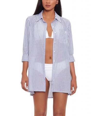 Cotton Striped Camp Shirt Swim Cover-Up Blue White $42.50 Swimsuits