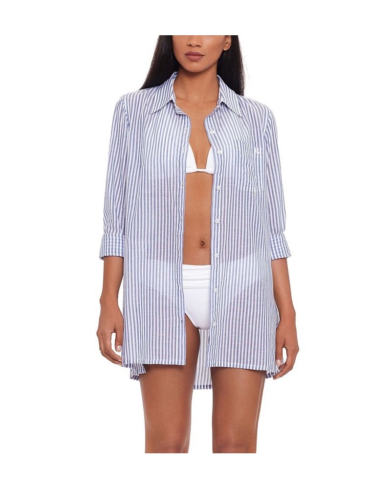 Cotton Striped Camp Shirt Swim Cover-Up Blue White $42.50 Swimsuits