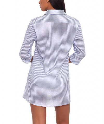 Cotton Striped Camp Shirt Swim Cover-Up Blue White $42.50 Swimsuits