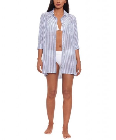 Cotton Striped Camp Shirt Swim Cover-Up Blue White $42.50 Swimsuits